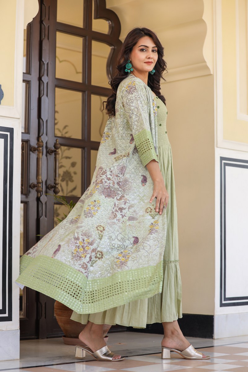 Designer Green Long Gown With Shrug