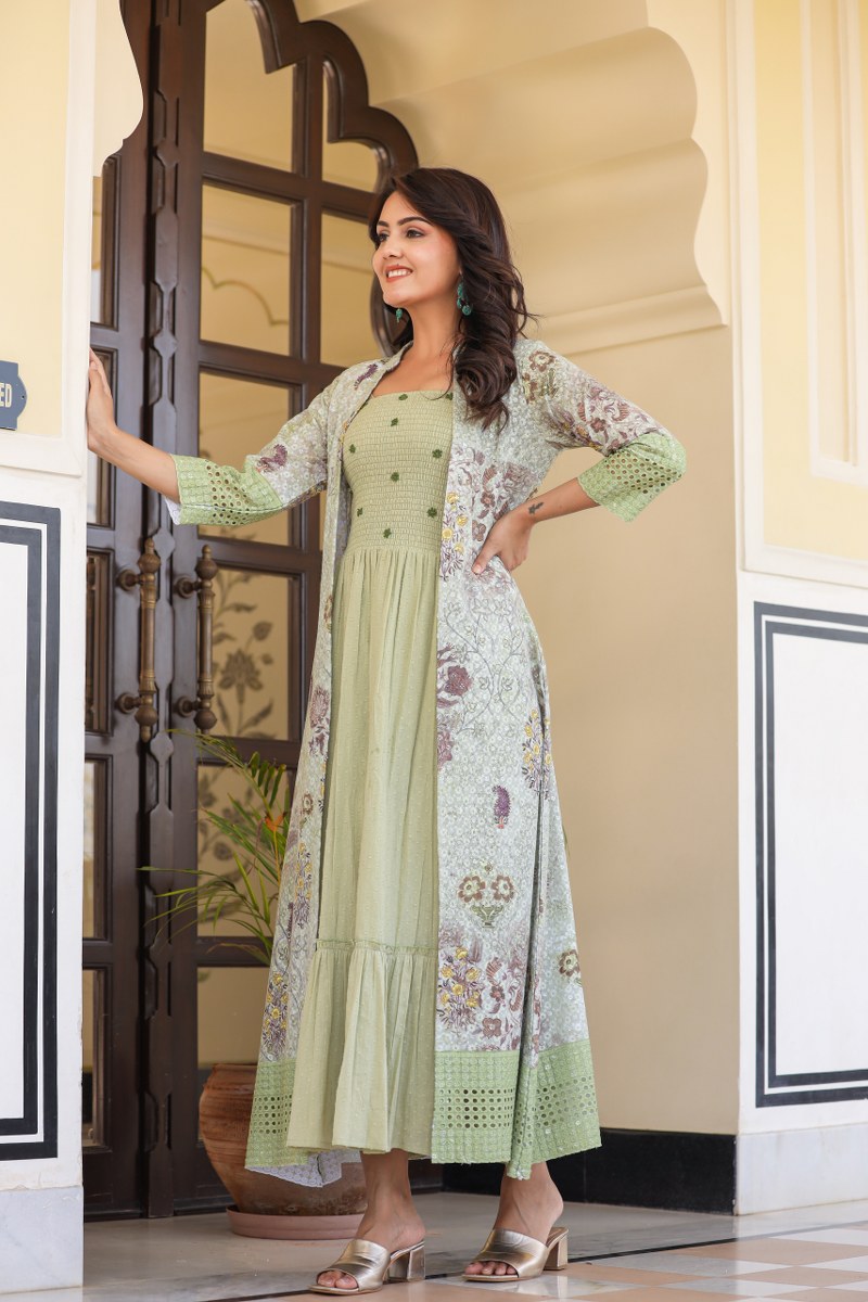 Designer Green Long Gown With Shrug