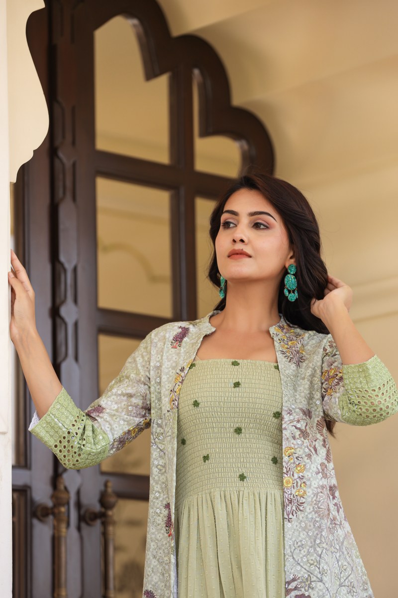 Designer Green Gown With Shrug
