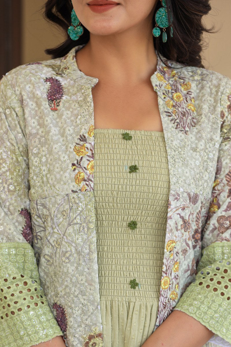 Designer Green Gown With Shrug