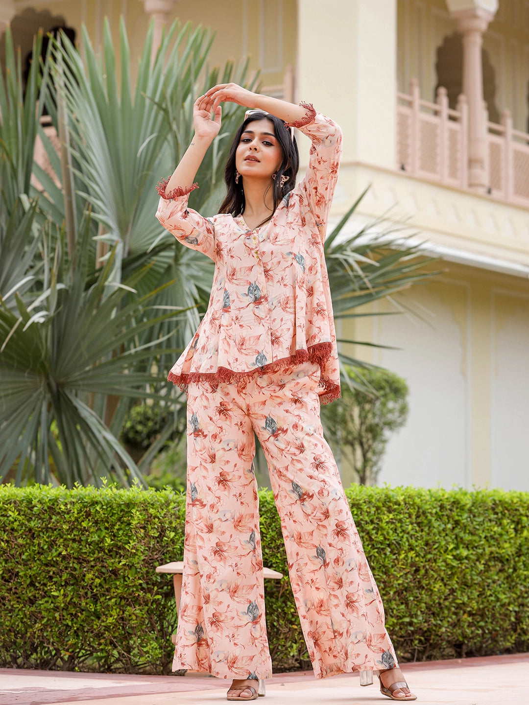amazing beige chanderi co ord set
