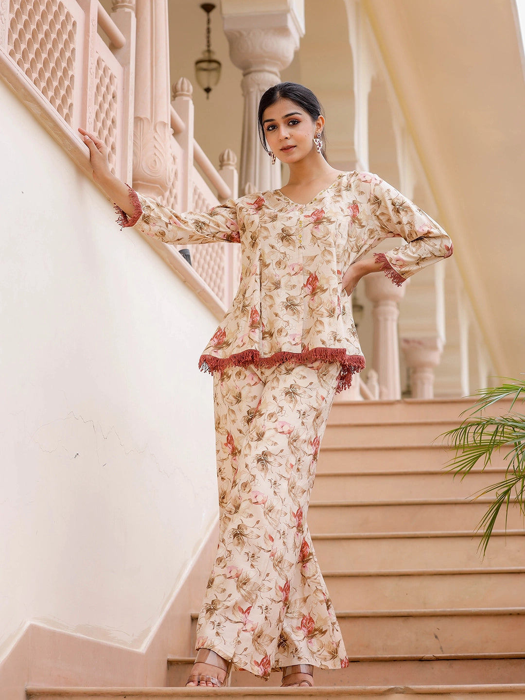 amazing beige chanderi co ord set