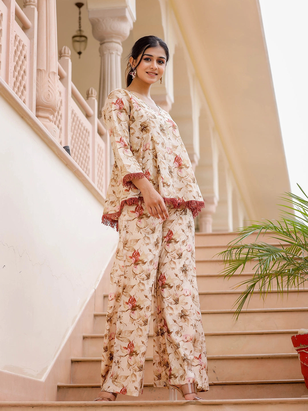 amazing beige chanderi co ord set