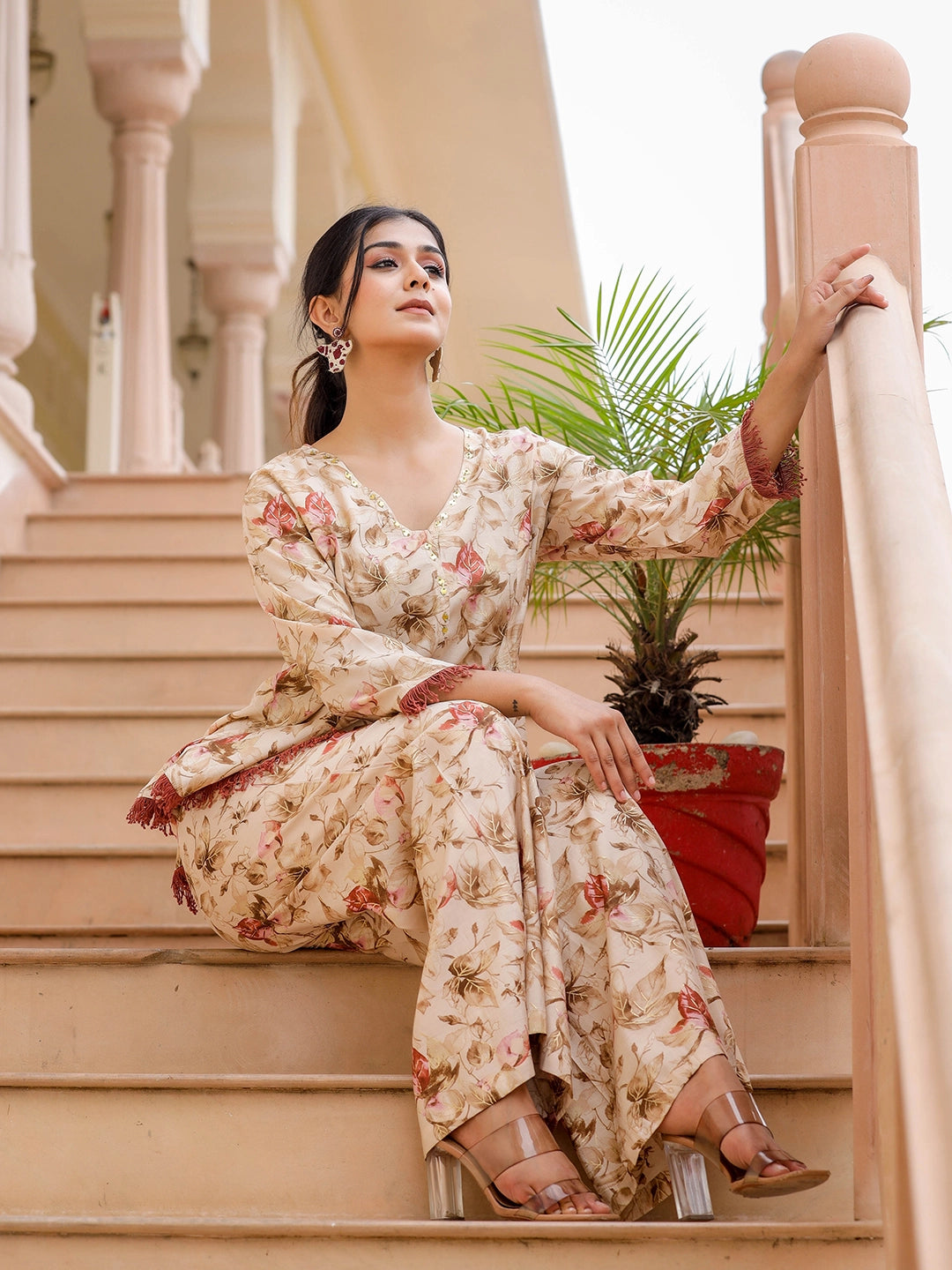 amazing beige chanderi co ord set