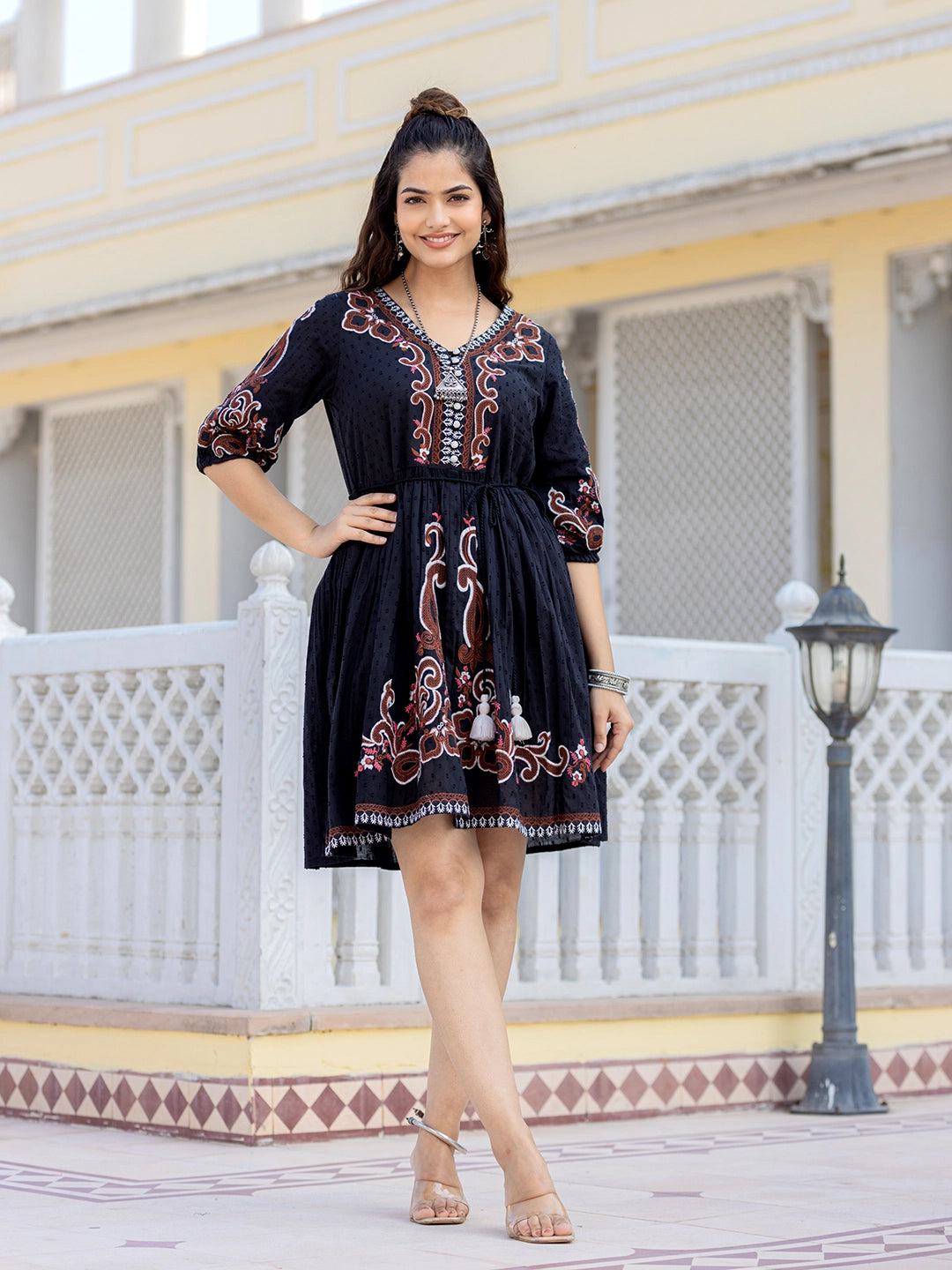 Loomed Luxe: Cotton Embroidery Short Dress