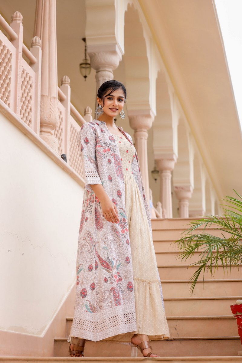 Natural Cotton Long Gown With Shrug