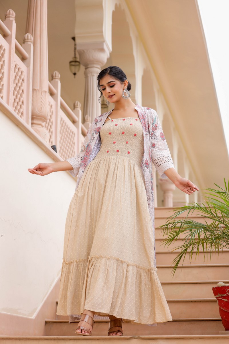 Natural Cotton Long Gown With Shrug