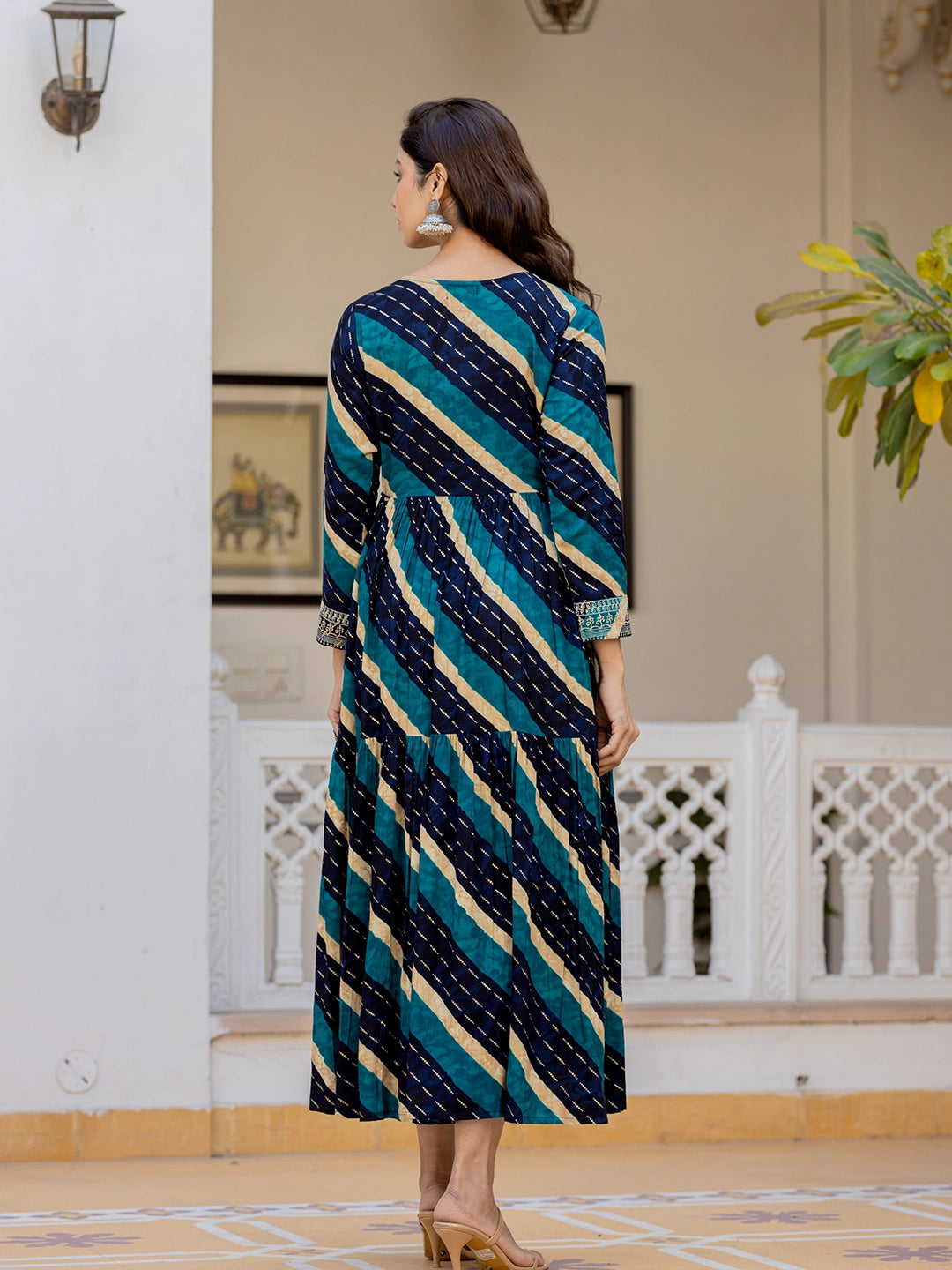 Striped Serenity: Rayon Design Long Gown