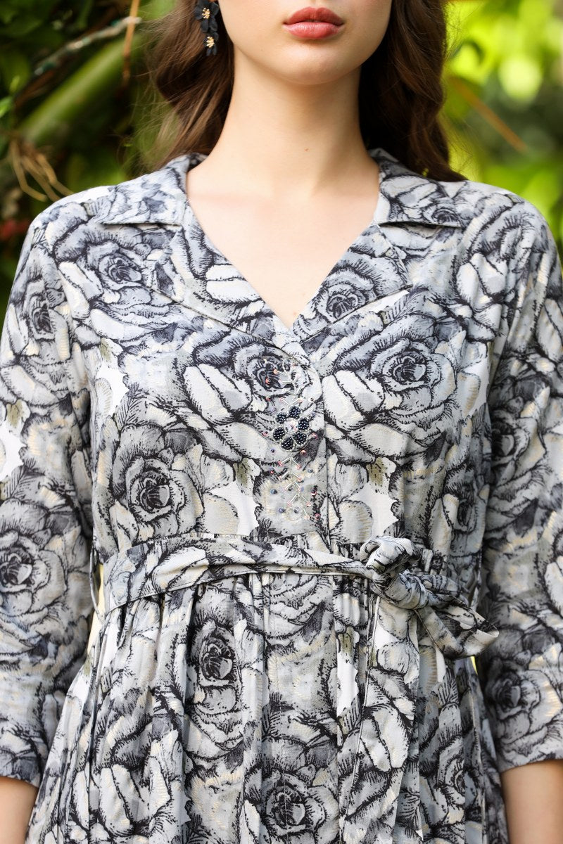 Midnight Bloom Printed Coord Set- Gray Floral Prin