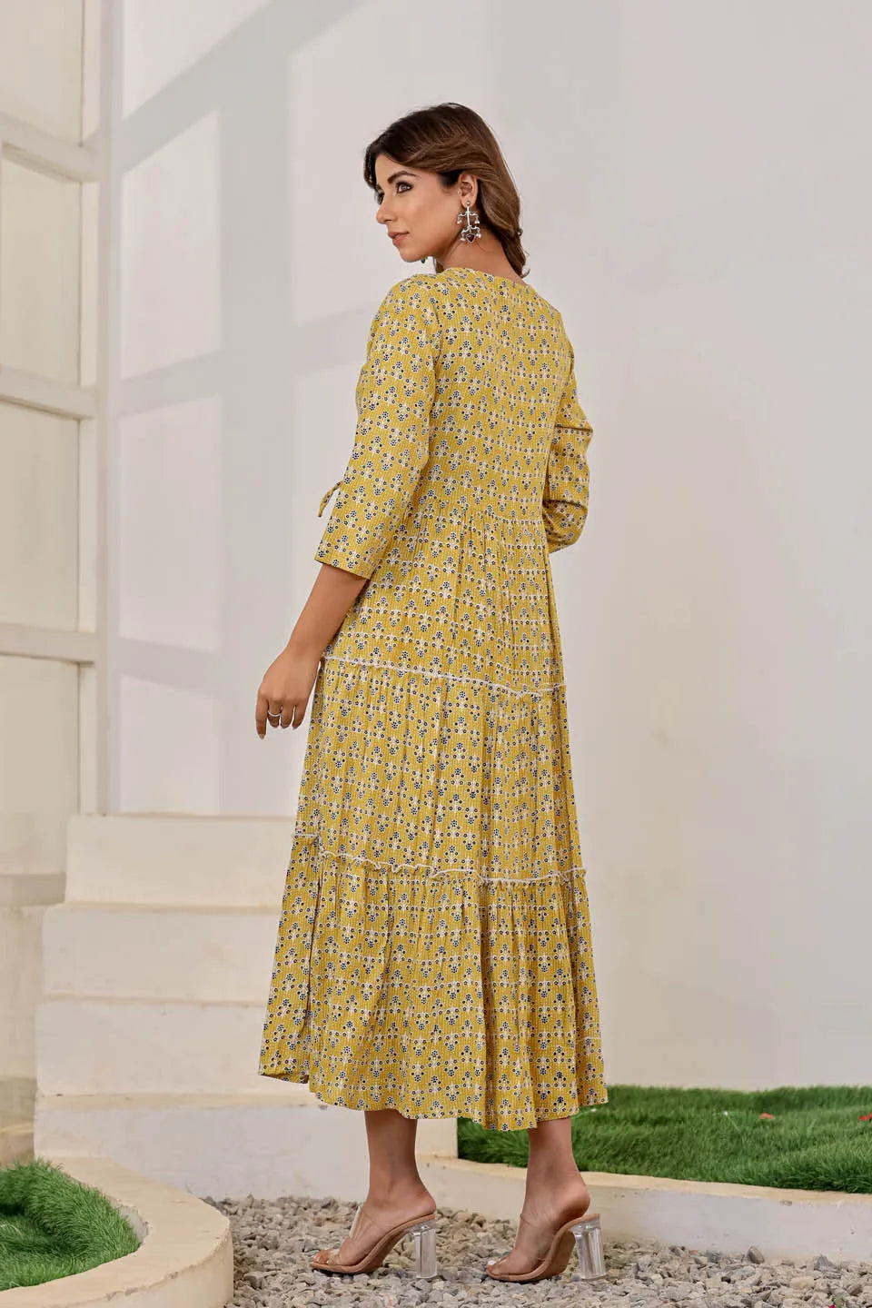 yellow ethnic motifs embroidered maxi dress