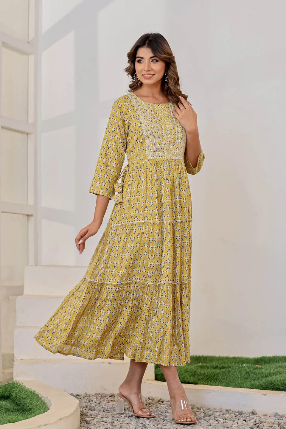 yellow ethnic motifs embroidered maxi dress