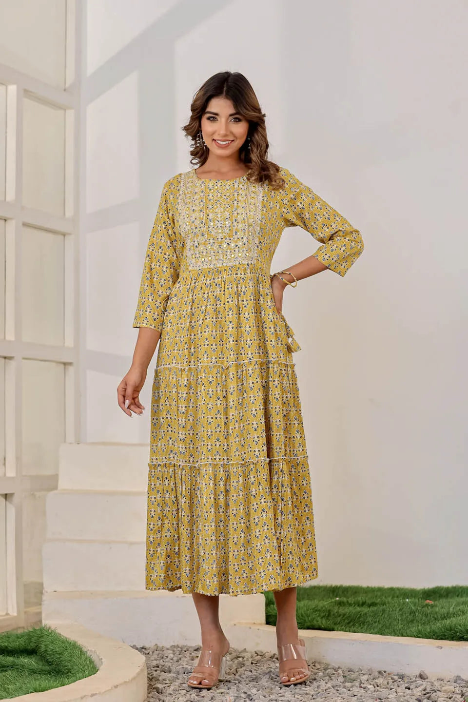 yellow ethnic motifs embroidered maxi dress