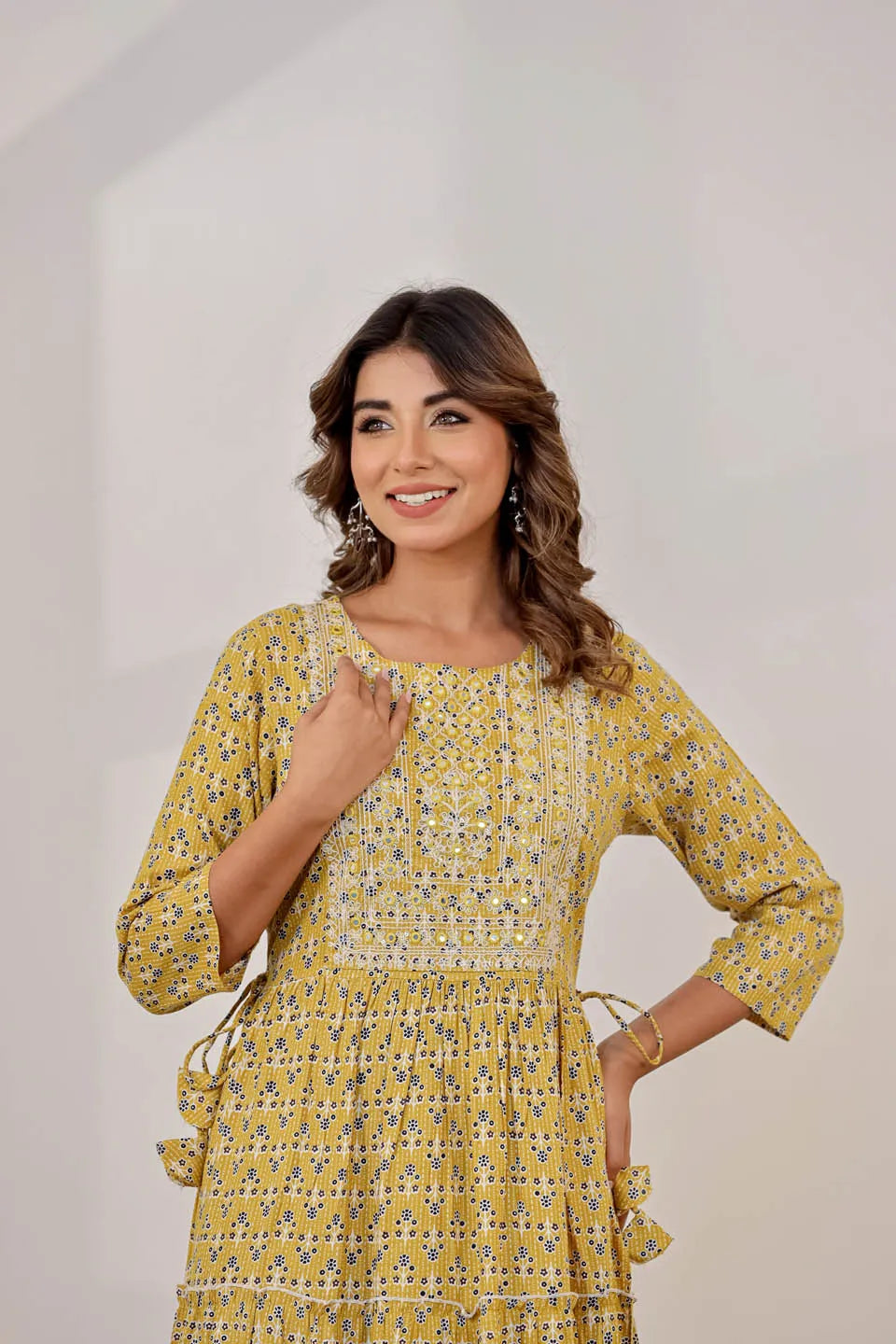 yellow ethnic motifs embroidered maxi dress