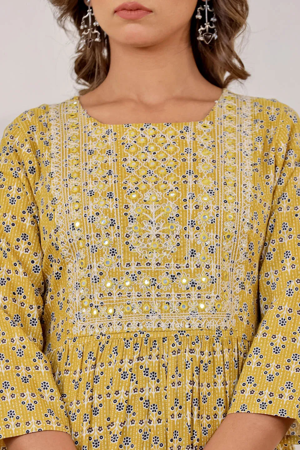 yellow ethnic motifs embroidered maxi dress
