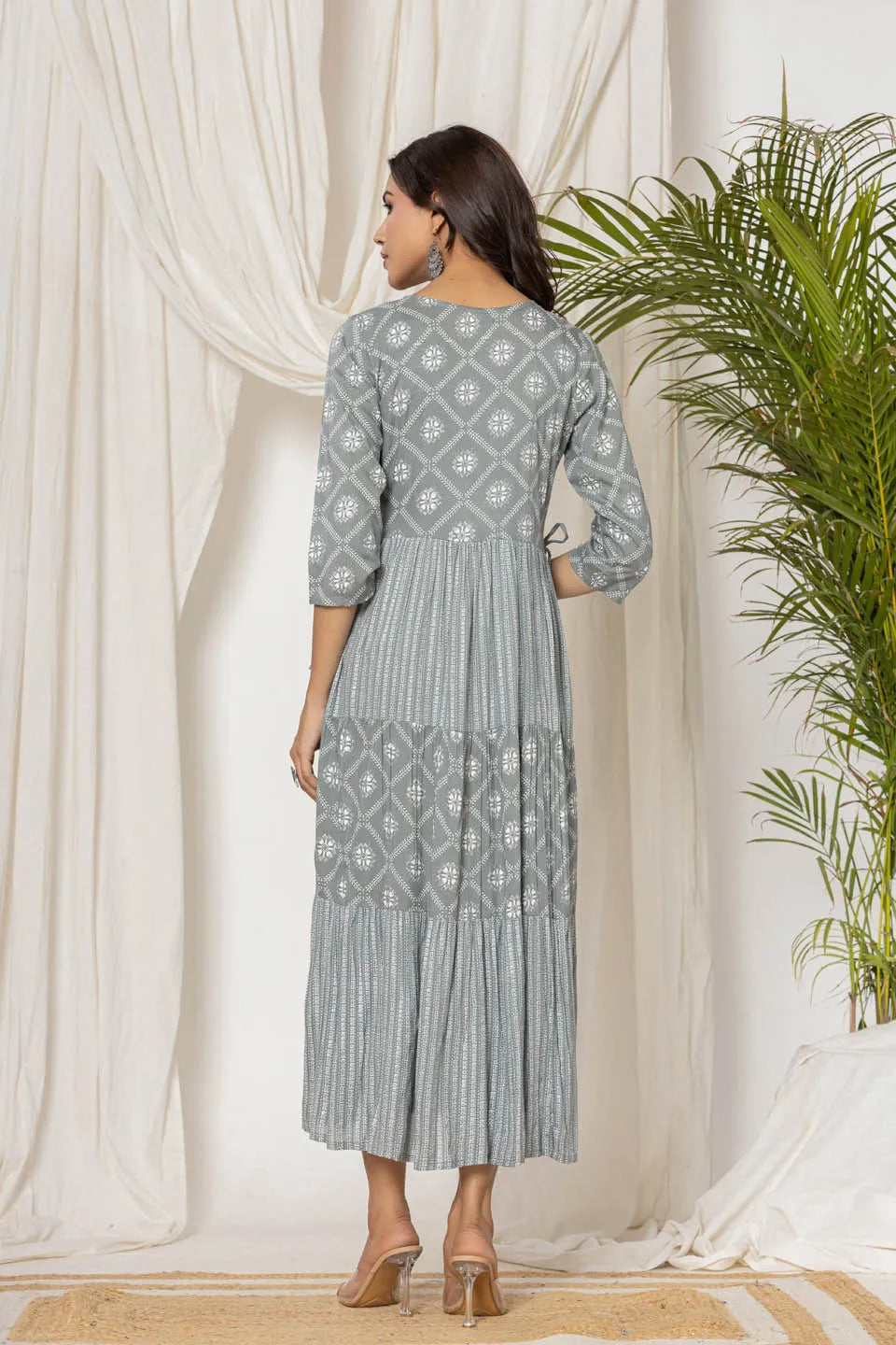 yellow pink green and gray coloured ethnic motifs print maxi dress