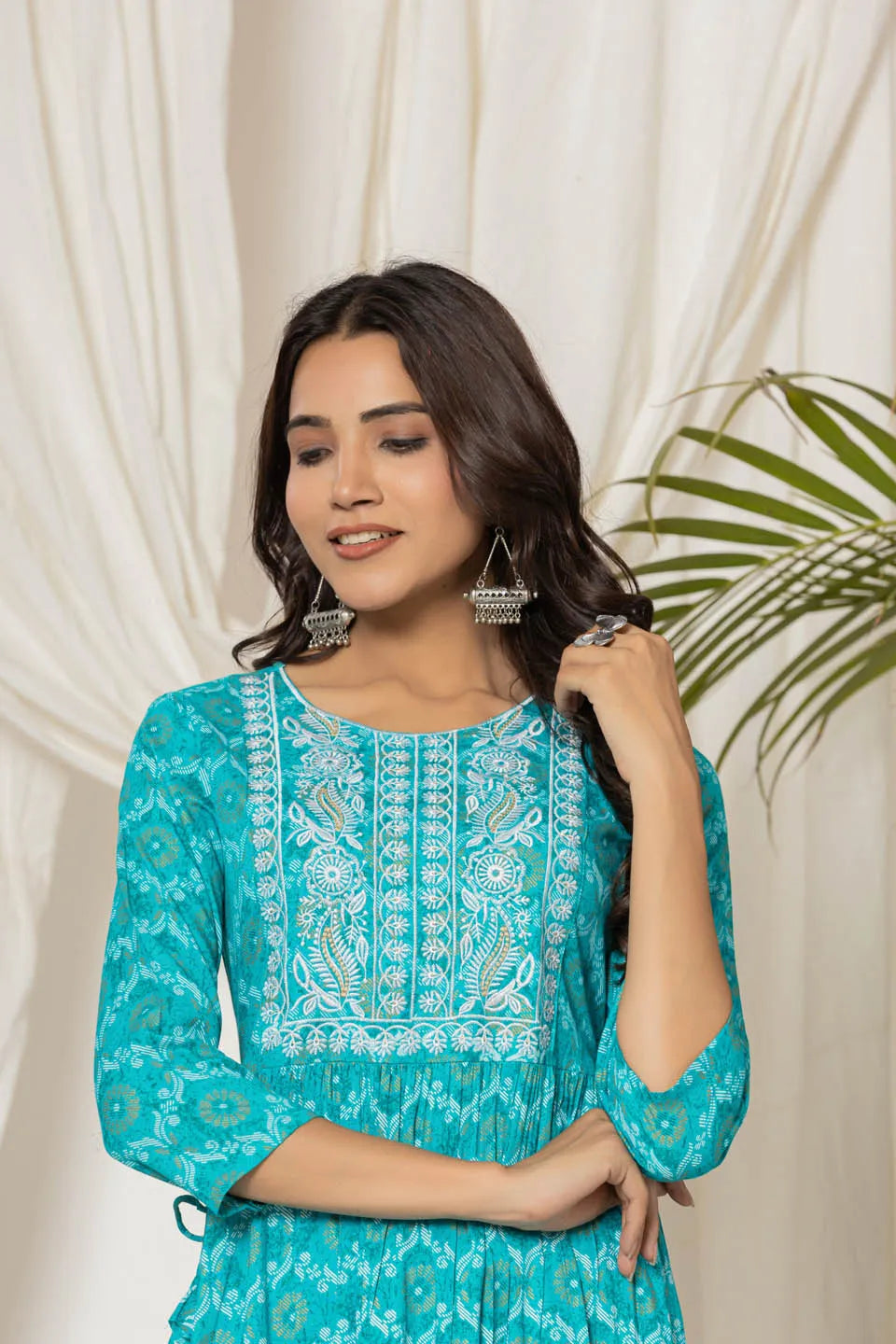floral printed flared kurta with round neck