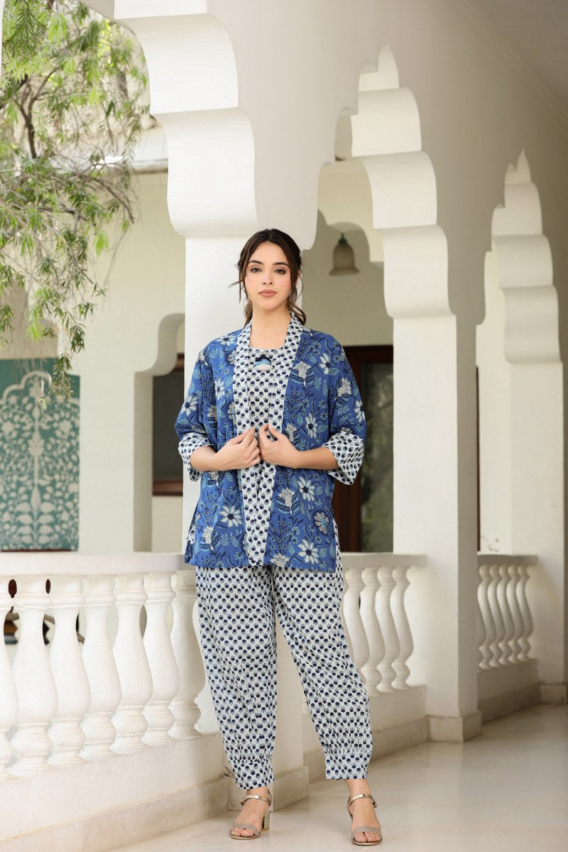 Beautifully Printed Coord Set With Blue Shirt