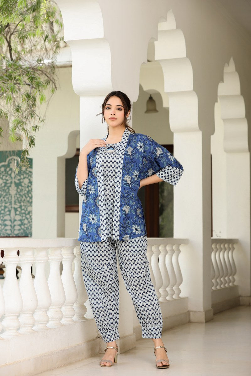 Beautifully Printed Coord Set With Blue Shirt
