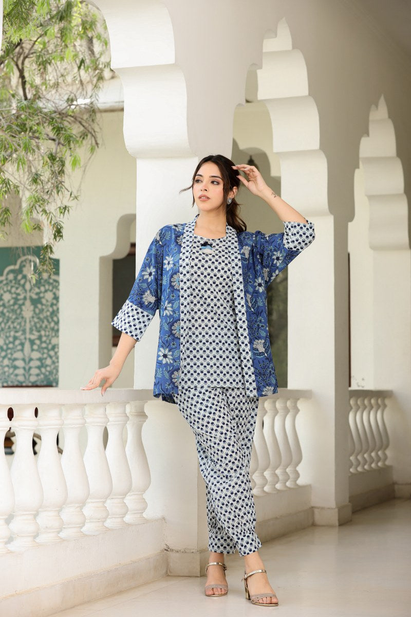 Beautifully Printed Coord Set With Blue Shirt