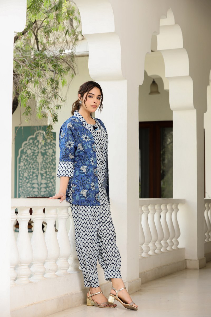 Beautifully Printed Coord Set With Blue Shirt