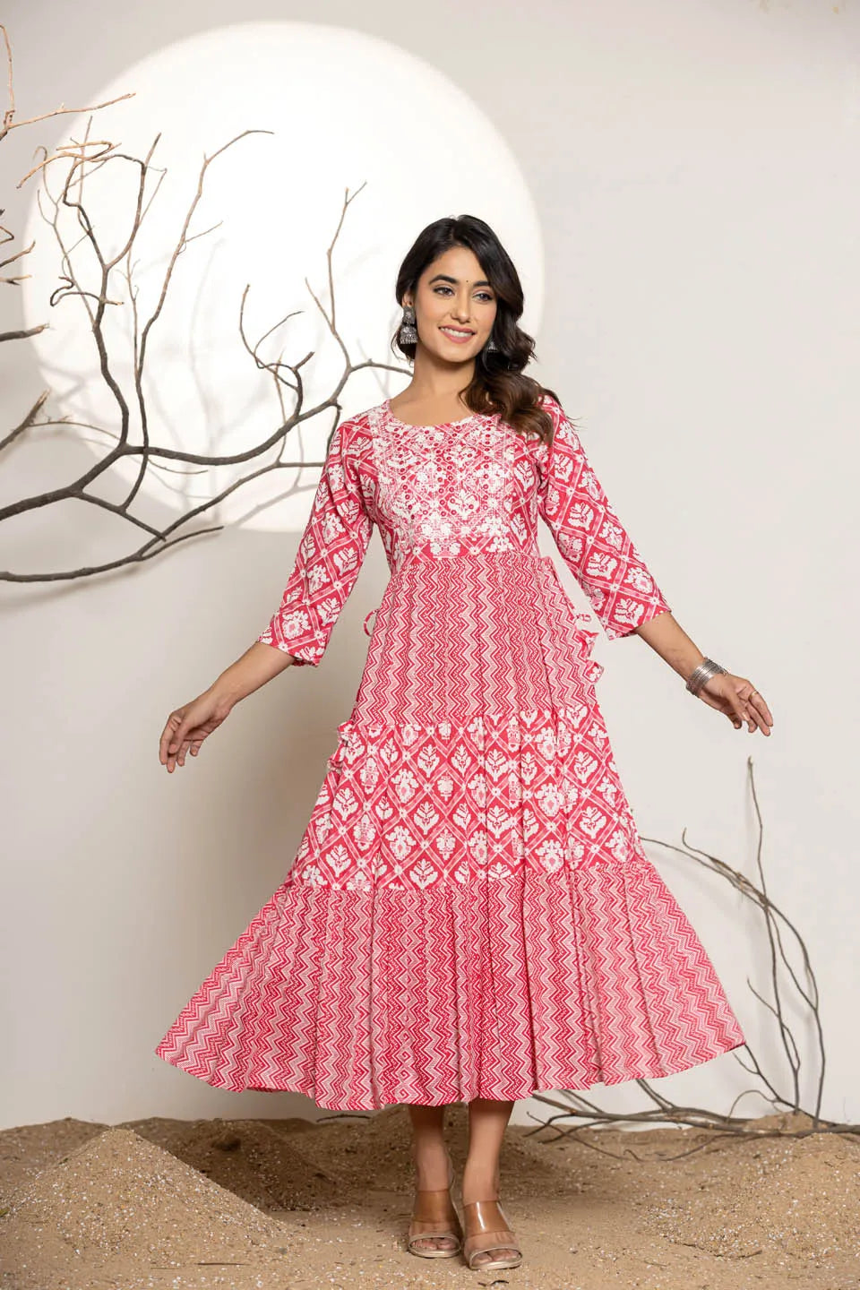 womens long dress in sky blue green pink with embroidery work on the front