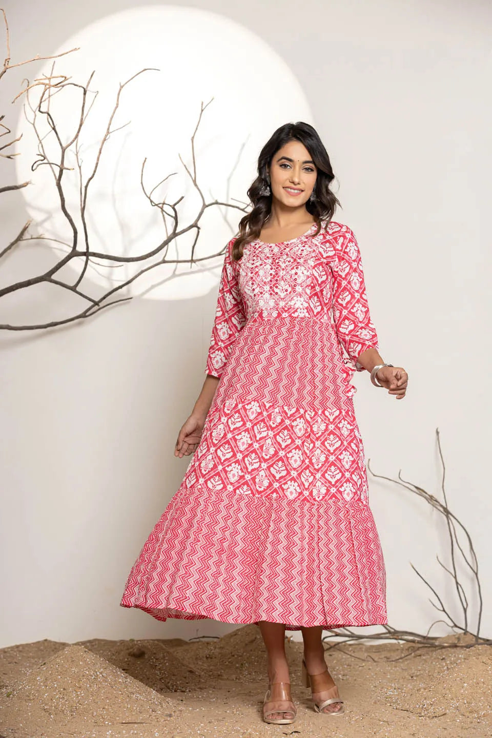 womens long dress in sky blue green pink with embroidery work on the front