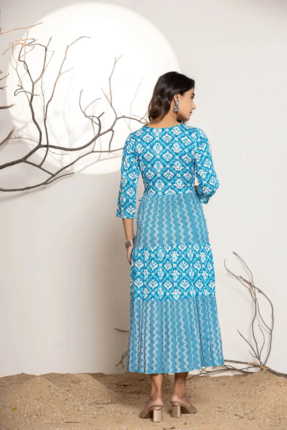 womens long dress in sky blue green pink with embroidery work on the front