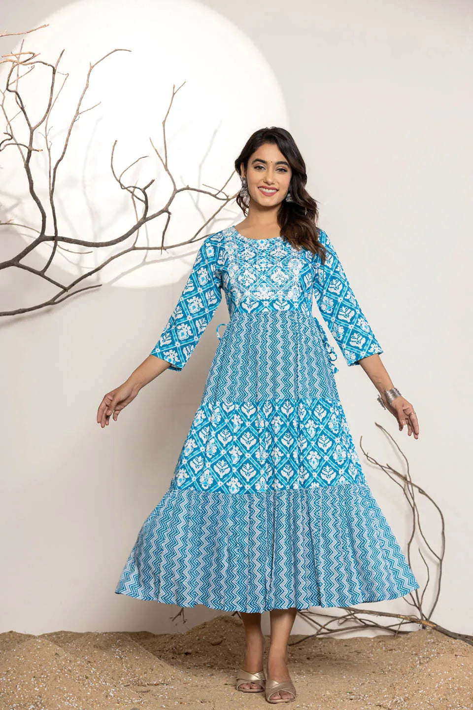 womens long dress in sky blue green pink with embroidery work on the front
