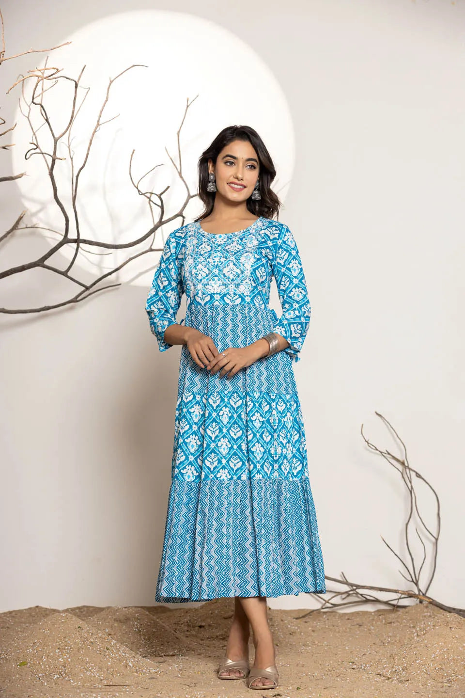 womens long dress in sky blue green pink with embroidery work on the front