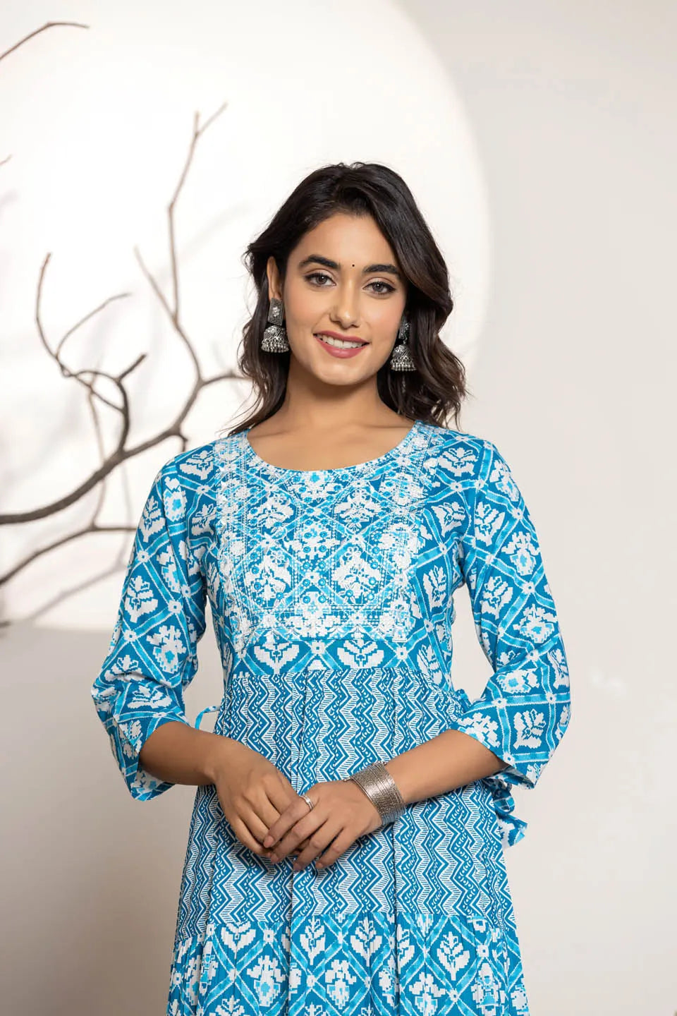 womens long dress in sky blue green pink with embroidery work on the front