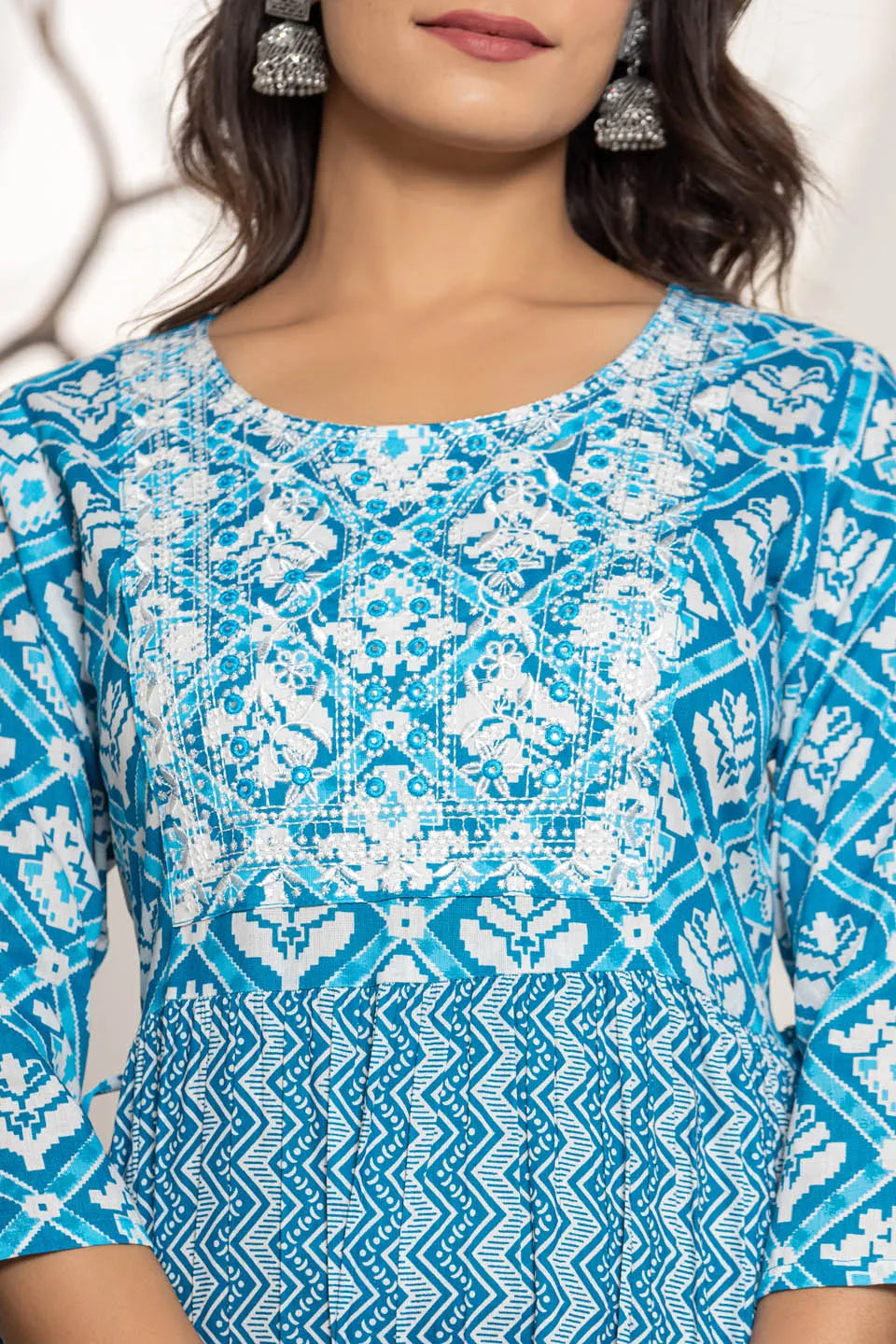 womens long dress in sky blue green pink with embroidery work on the front