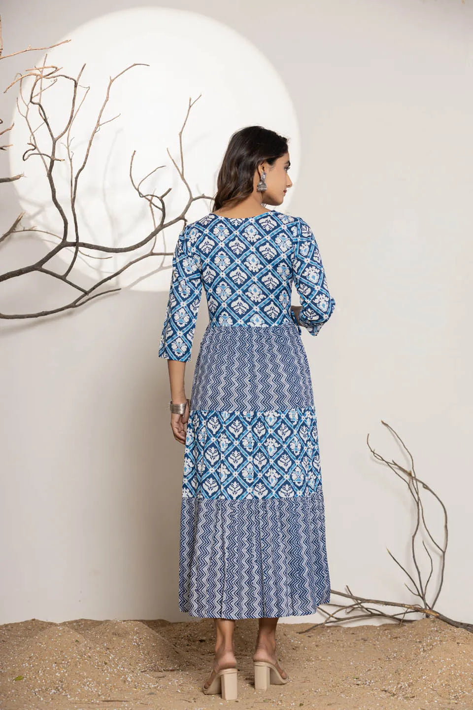 womens long dress in sky blue green pink with embroidery work on the front