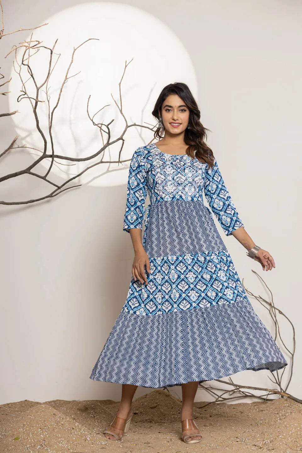 womens long dress in sky blue green pink with embroidery work on the front