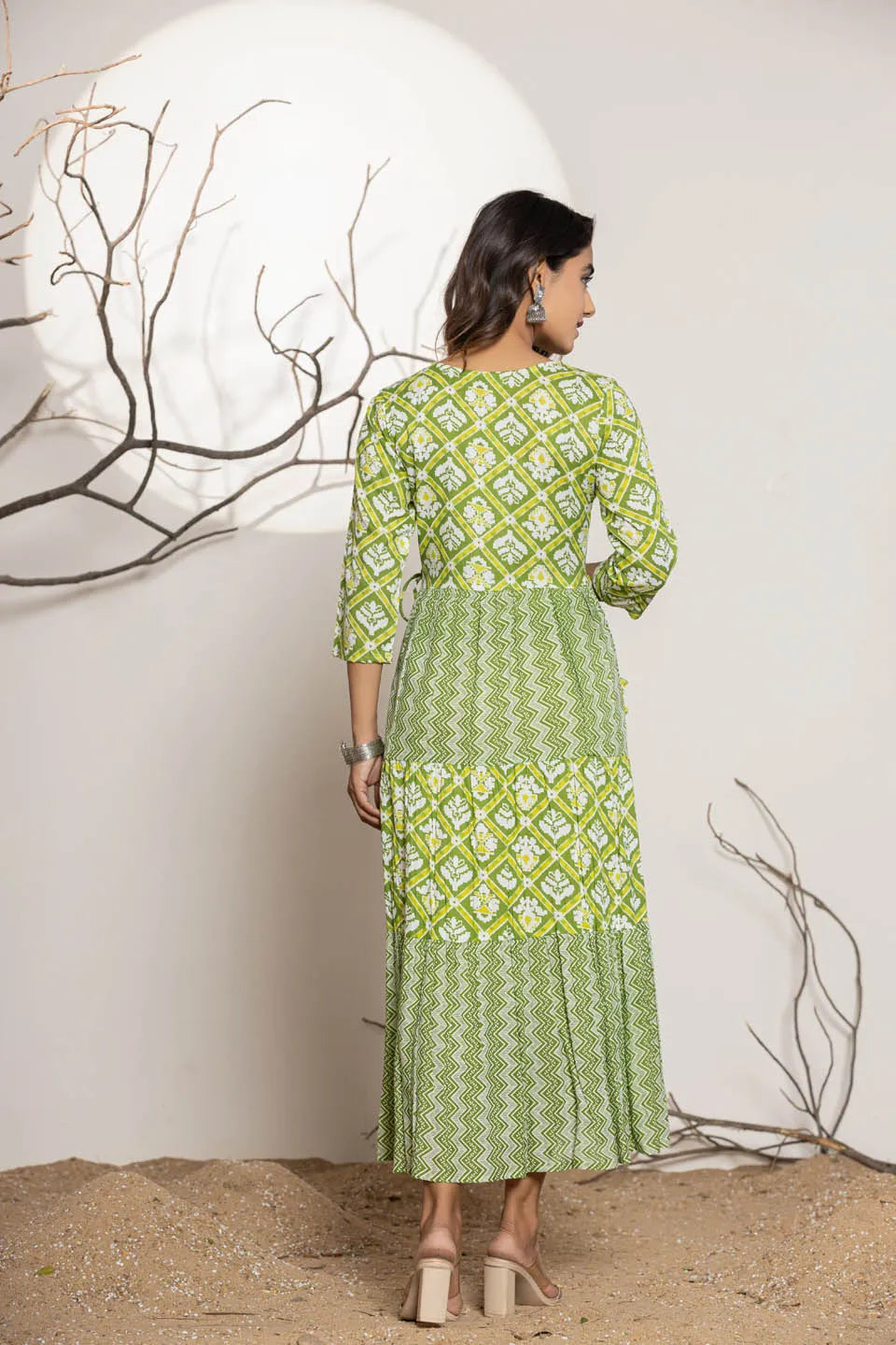 womens long dress in sky blue green pink with embroidery work on the front
