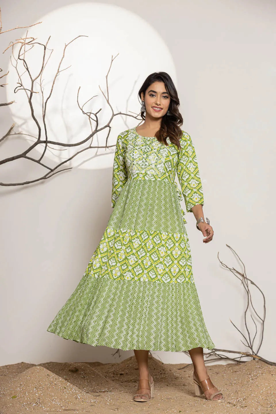 womens long dress in sky blue green pink with embroidery work on the front