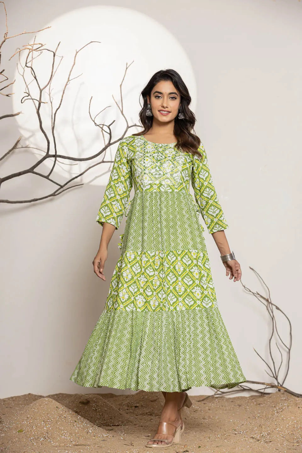 womens long dress in sky blue green pink with embroidery work on the front