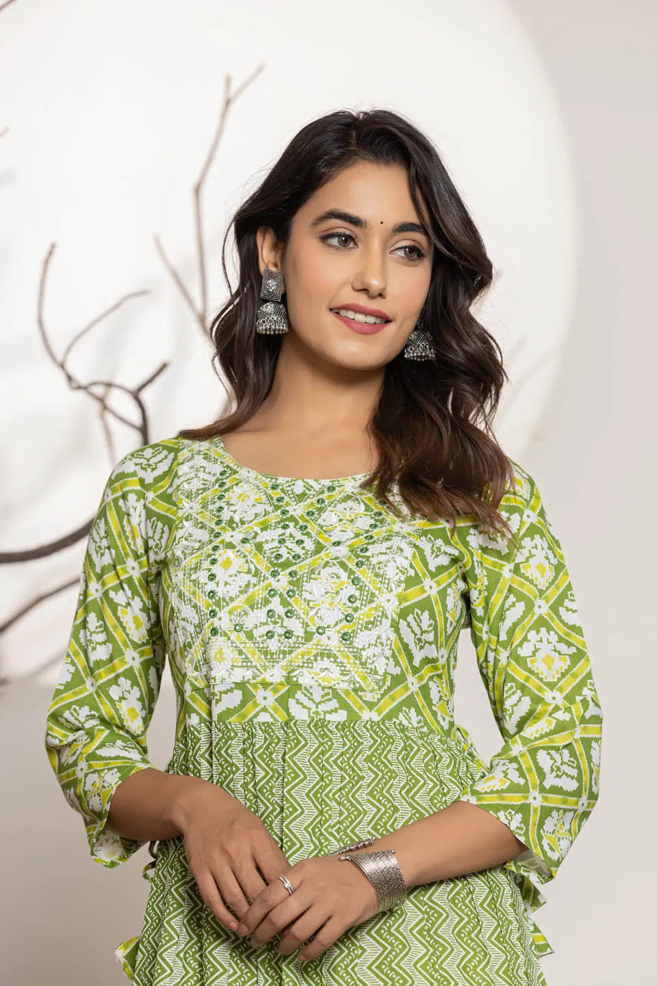 womens long dress in sky blue green pink with embroidery work on the front