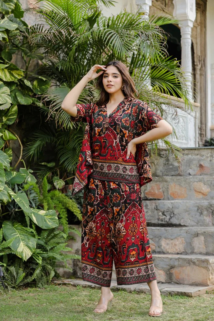Red Printed Mid-Night Coord Set😍😍