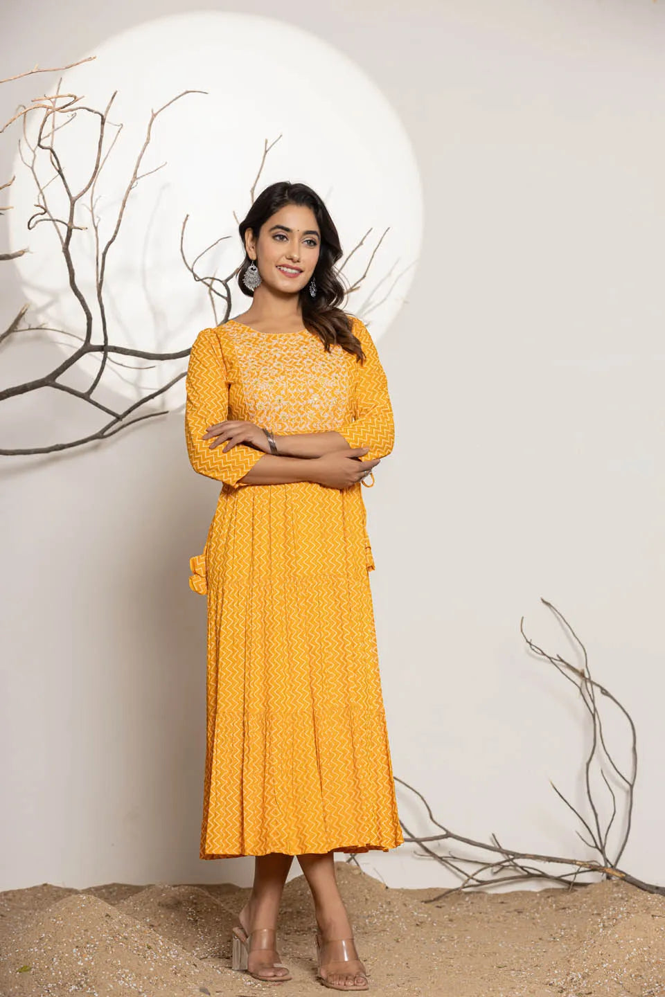 round neck flared kurta with zig zag pattern and front embroidered work