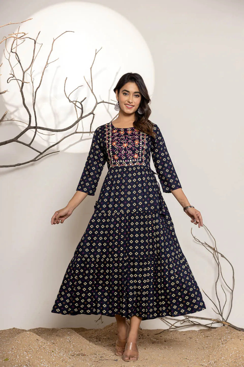 dark gray rayon printed long kurti for women