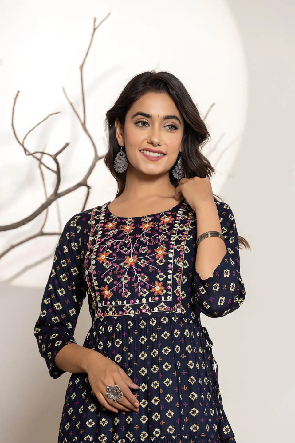 dark gray rayon printed long kurti for women