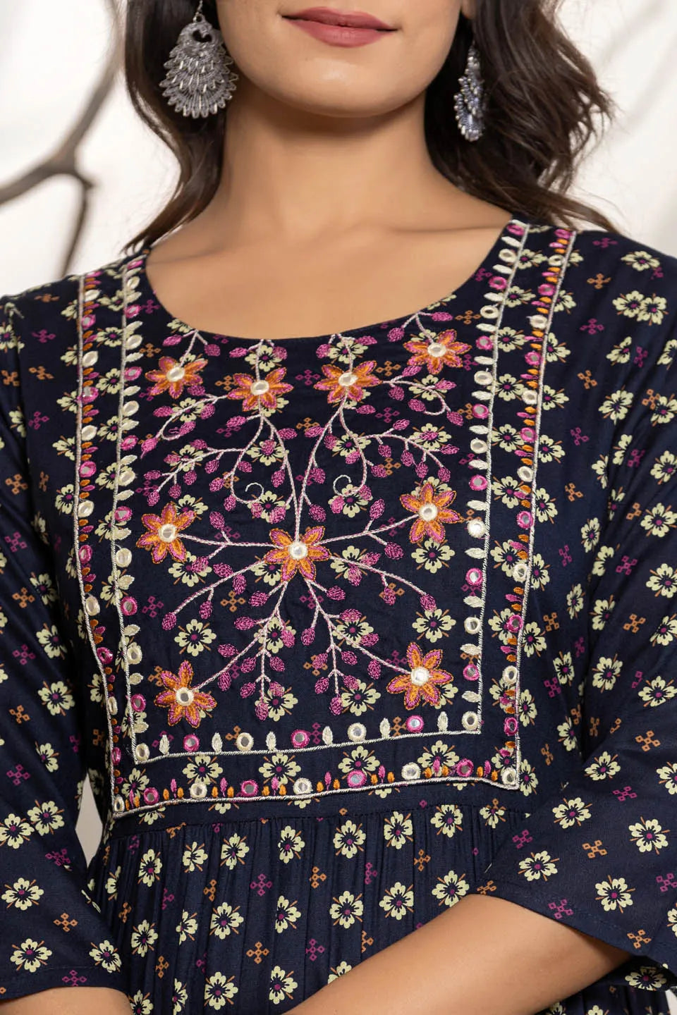 dark gray rayon printed long kurti for women