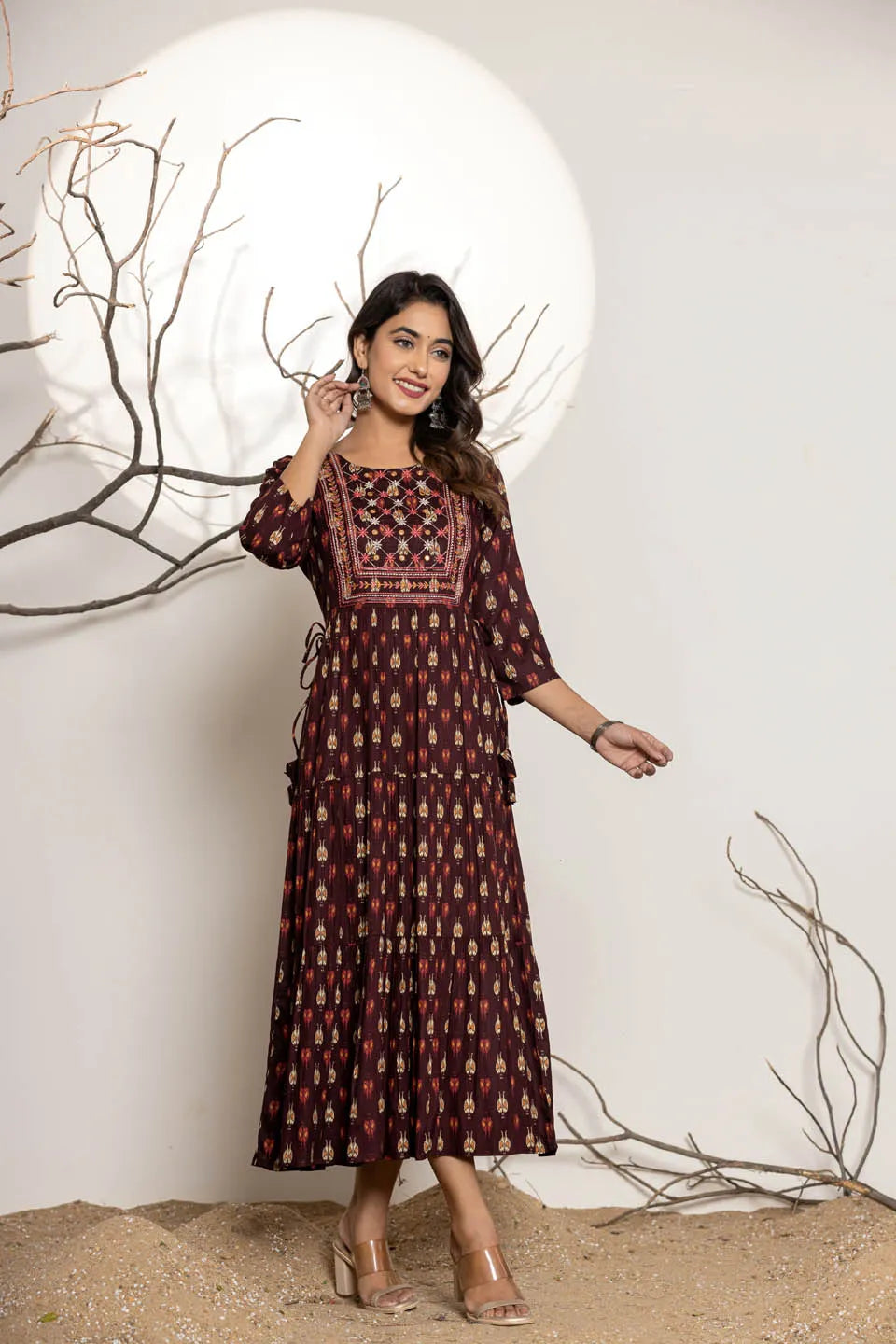 womens ethnic wear long dress with front line embroidery
