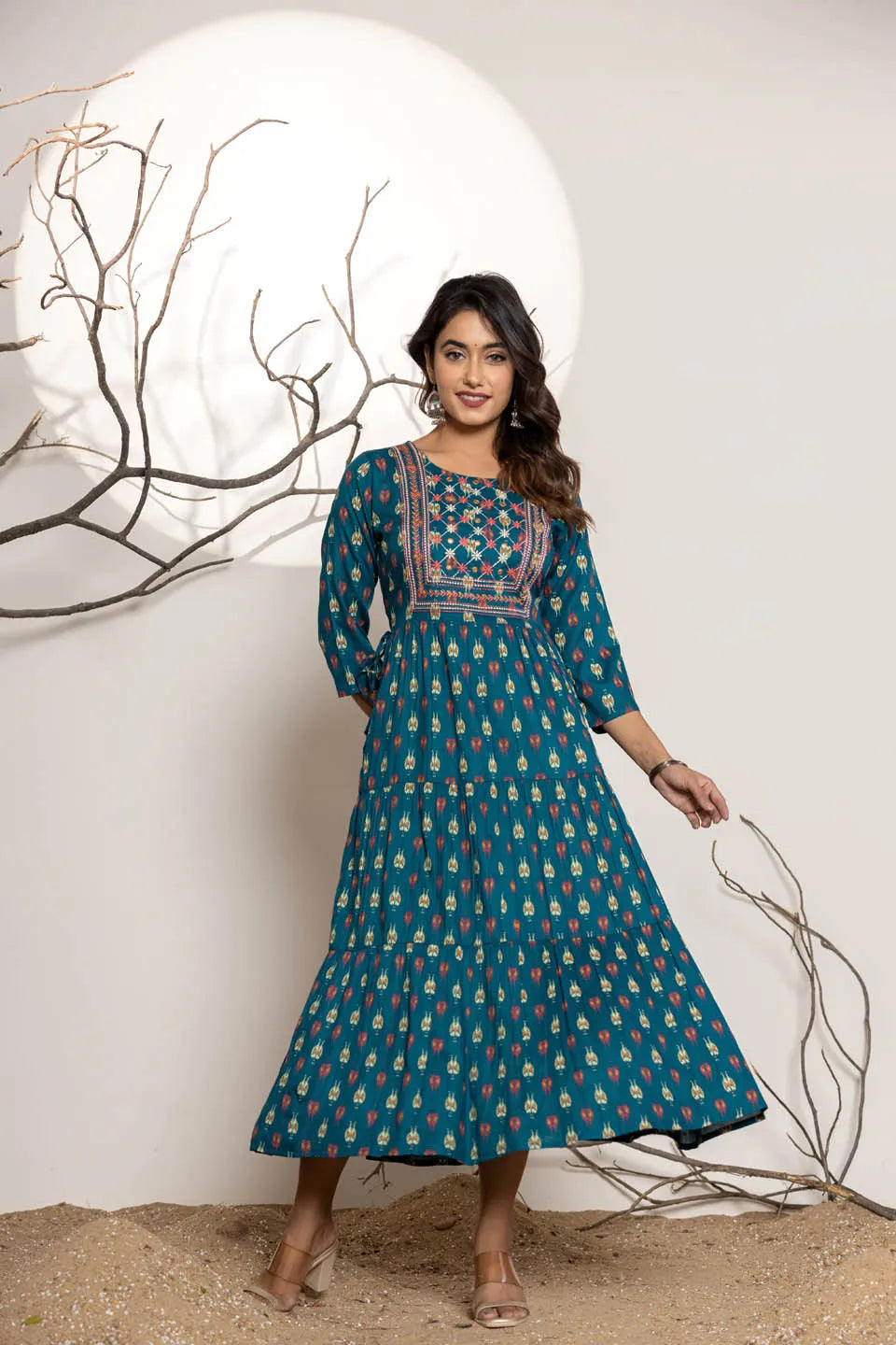 womens ethnic wear long dress with front line embroidery