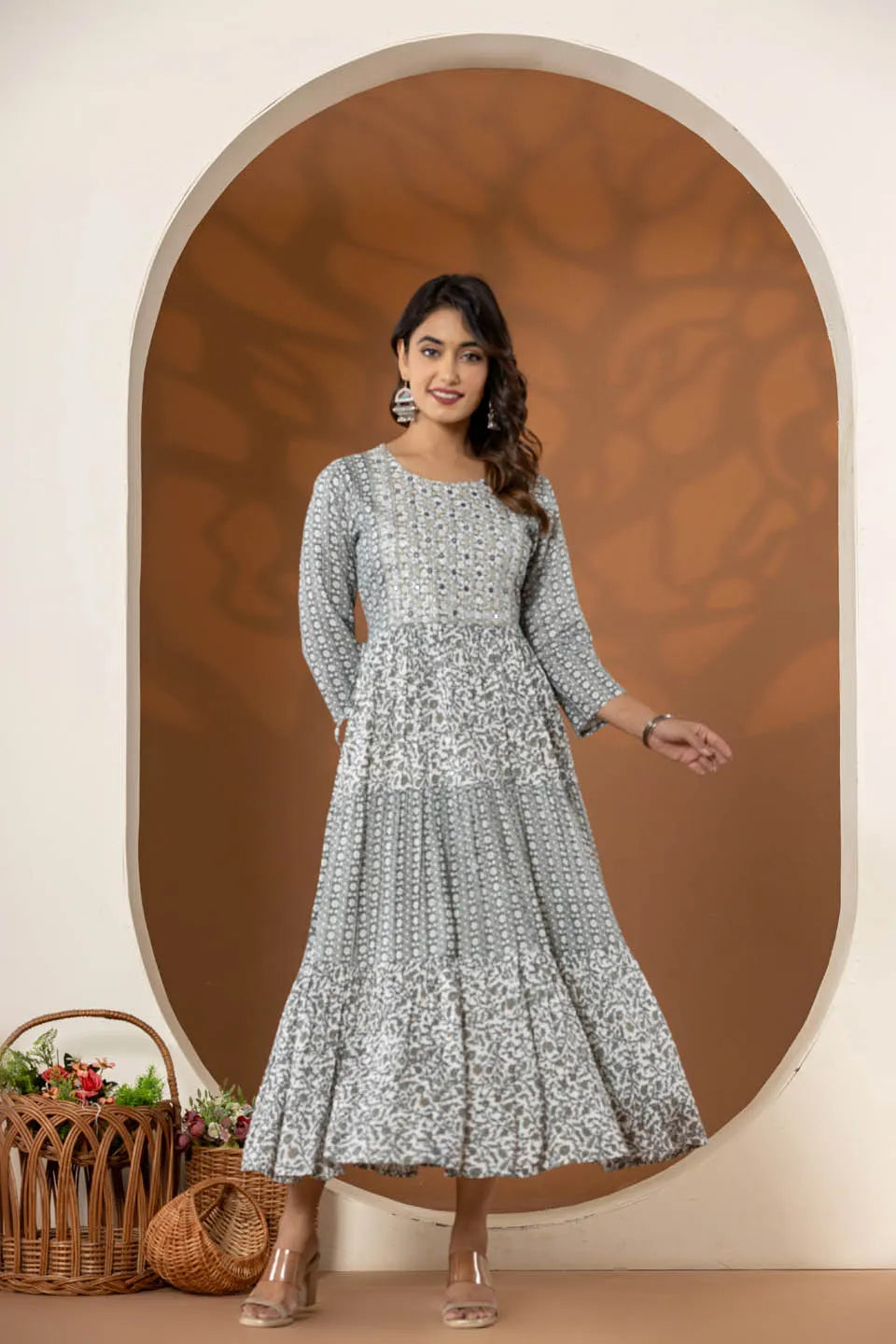 stylish ethnic print dresses green blue and grey collection