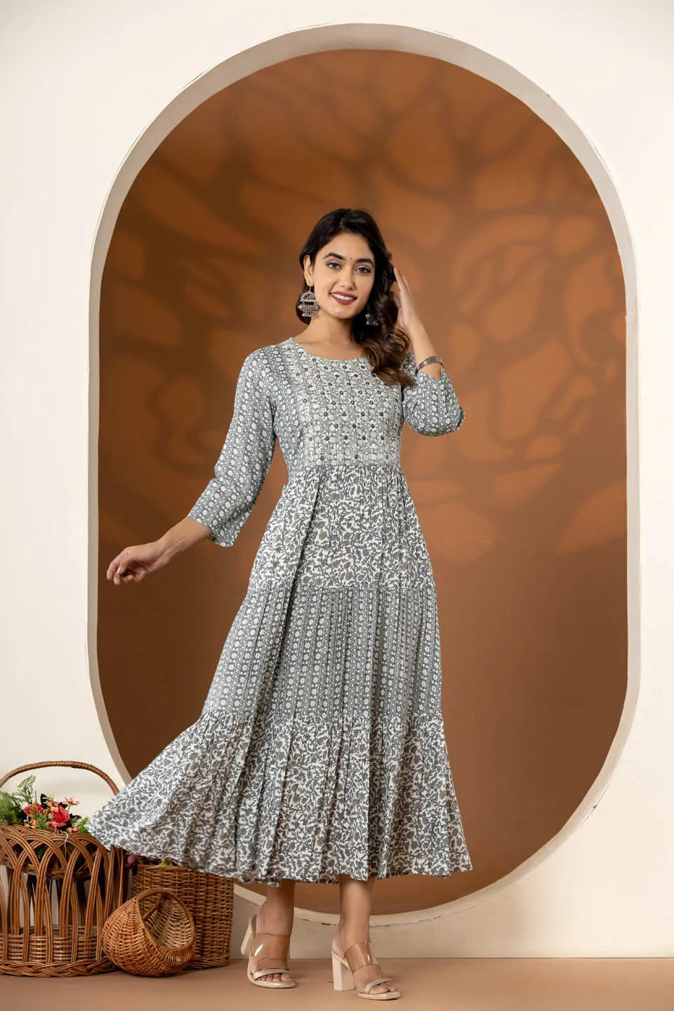 stylish ethnic print dresses green blue and grey collection