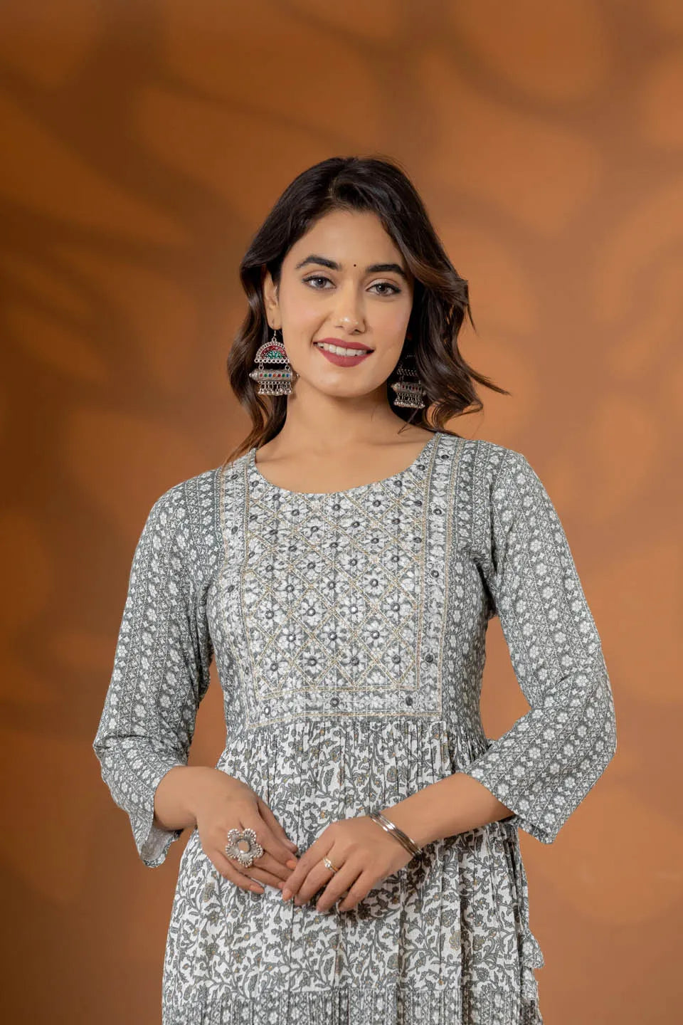 stylish ethnic print dresses green blue and grey collection