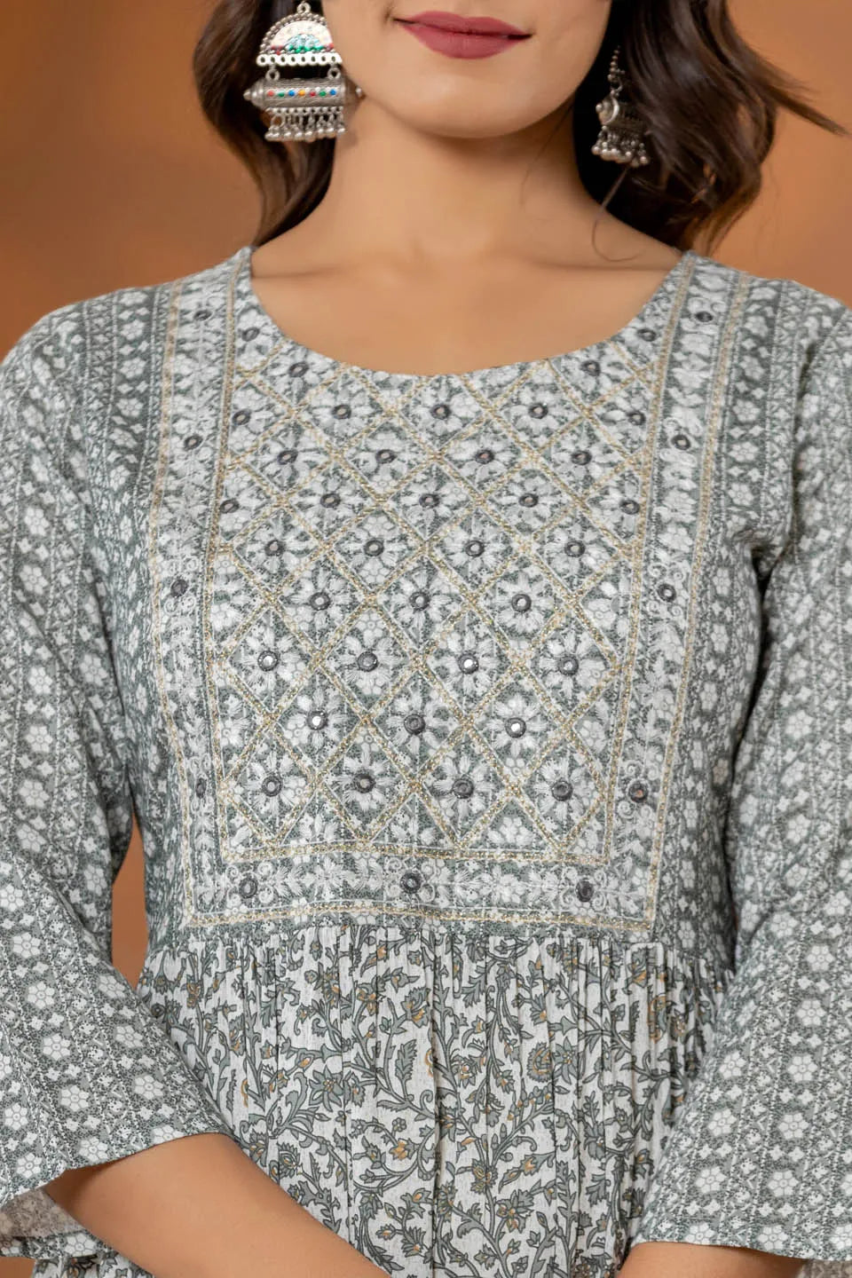 stylish ethnic print dresses green blue and grey collection