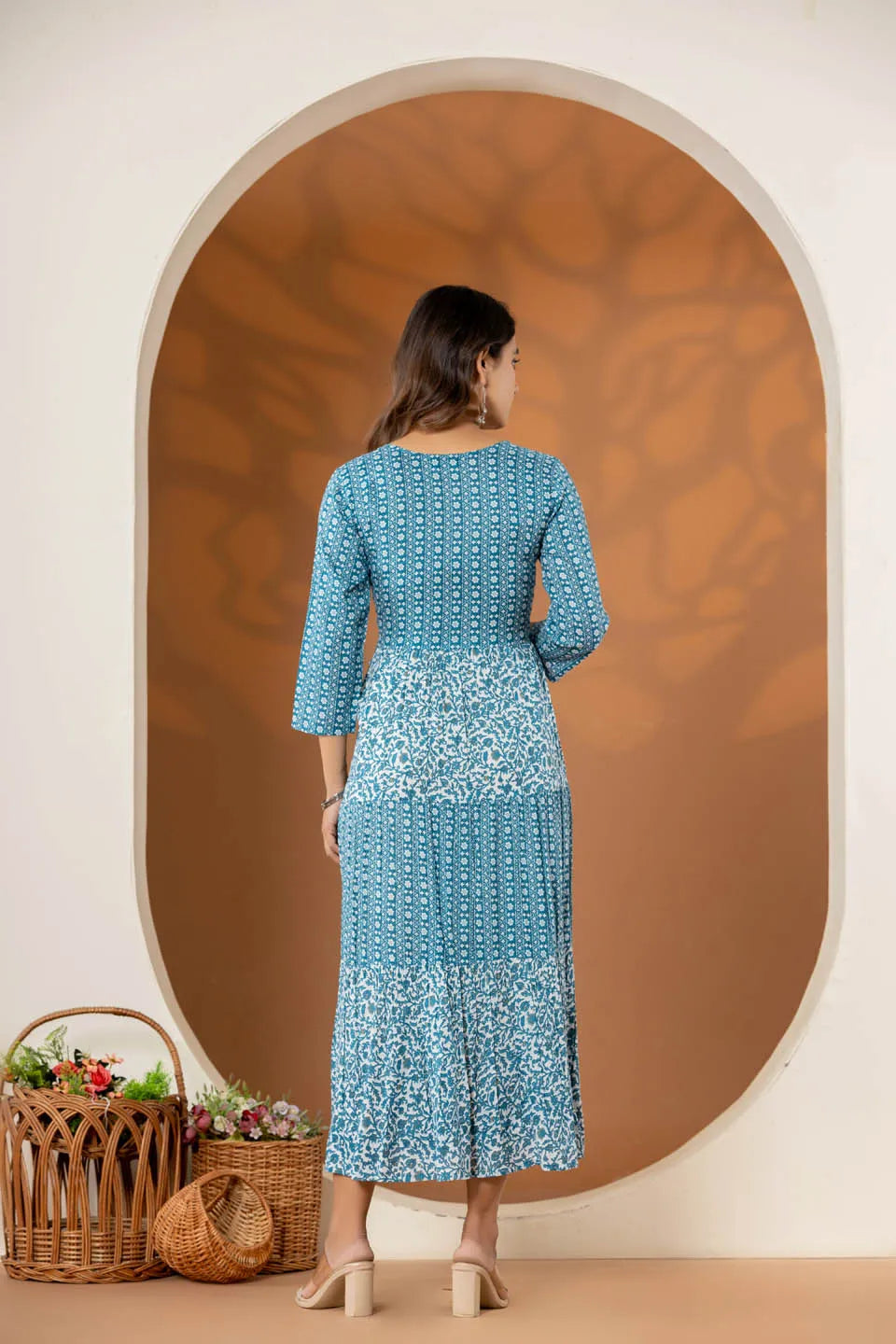 stylish ethnic print dresses green blue and grey collection