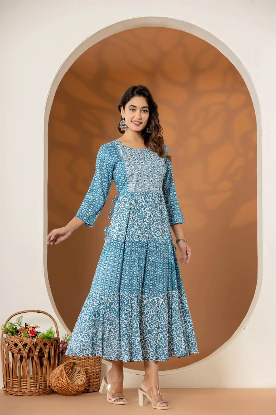 stylish ethnic print dresses green blue and grey collection